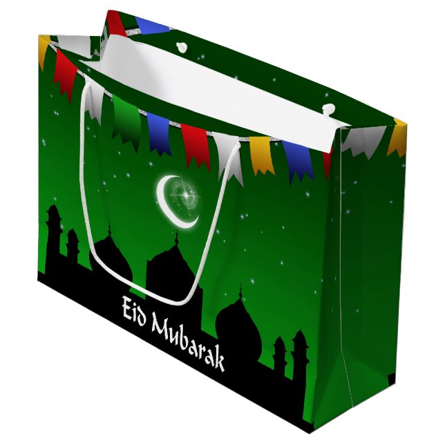 Eid Mubarak bunte Girlande Große Geschenktüte (Vorderseite Schrägansicht)