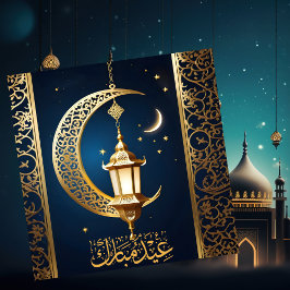 Eid Mubarak Crescent Islamic Lantern Gold Blue Feiertagskarte