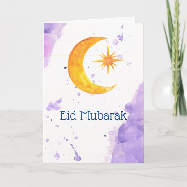 Eid Mubarak Crescent Moon und Star Watercolor Karte (Vorderseite)