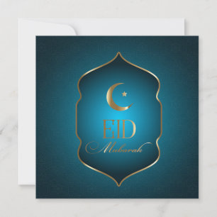 Eid Mubarak Crescent Star Gold Frame Blue Feiertagskarte