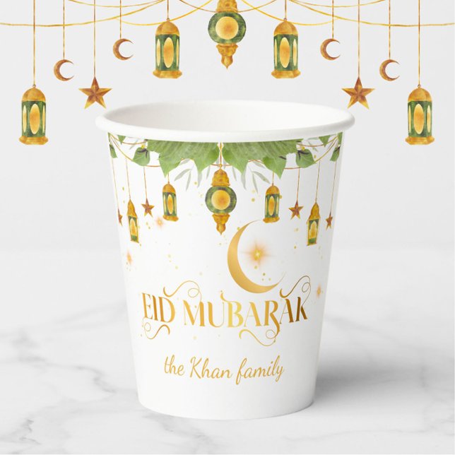"Eid Mubarak" Custom Elegante Modernes Weißes Gold Pappbecher (Elegant, modern "Eid Mubarak" white + gold paper cups for your Eid party! Personalize with name/date)