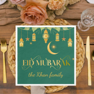 Eid Mubarak Custom Gold Green Lanterns + Moon Serviette