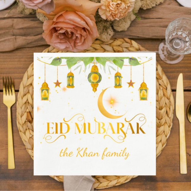 Eid Mubarak Custom Gold White Lanterns + Mond Serviette (Elegant gold + white "Eid Mubarak" custom napkins for your special Eid celebration!)