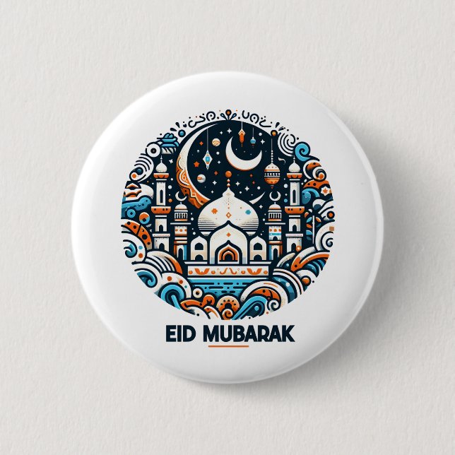 Eid Mubarak Dekoriert Crescent farbenfrohe Moschee Button (Vorderseite)
