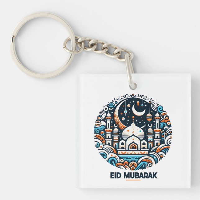 Eid Mubarak Dekoriert Crescent farbenfrohe Moschee Schlüsselanhänger (Vorderseite)