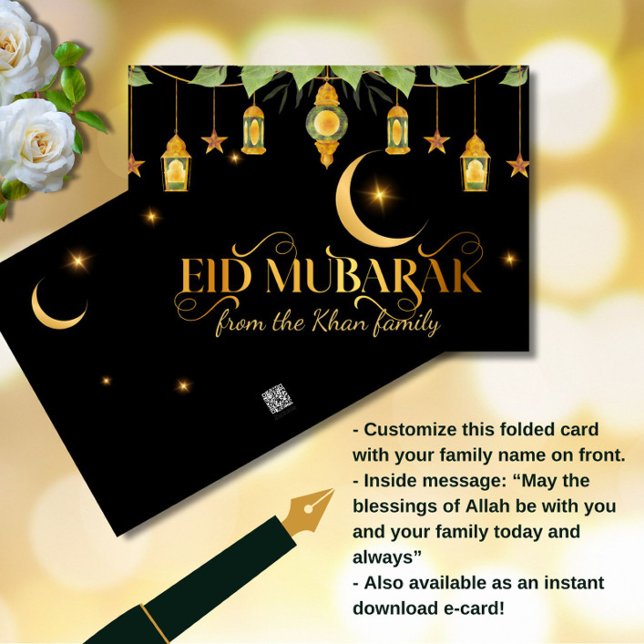 Eid Mubarak Elegant Gold Schwarze Lanterns + Mond Karte (An elegant "Eid Mubarak" black + gold card, featuring lanterns, stars and a crescent moon.)