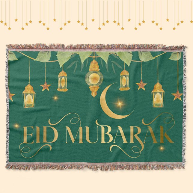 Eid Mubarak Elegante Green Gold Lattern Moon Stars Decke (An elegant, modern "Eid Mubarak throw blanket in green + gold.)