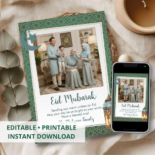 Eid Mubarak Familienfoto Karte Grün Türkis Muster