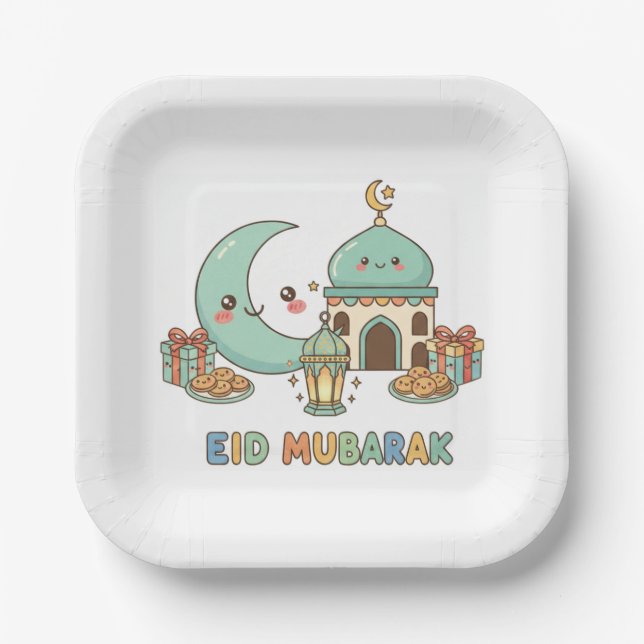 Eid Mubarak Feier - Kawaii lächelnder Mond Pappteller (Vorderseite)
