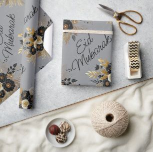 Eid Mubarak Floral Black Gold Script grau Geschenkpapier