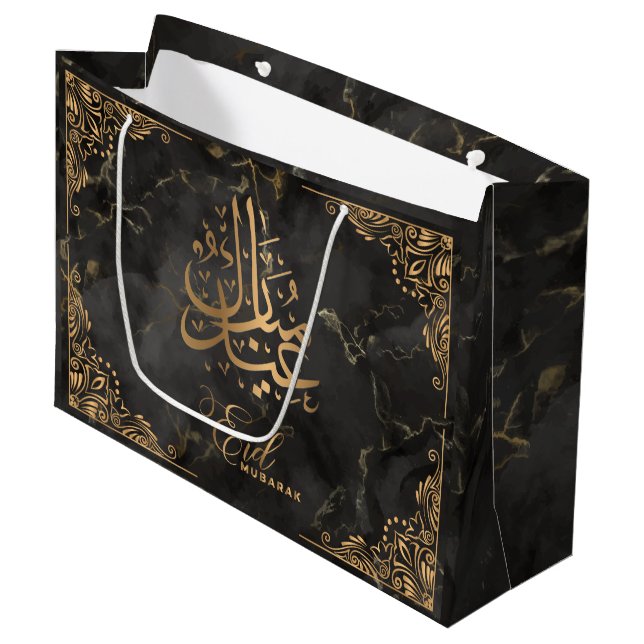 Eid Mubarak | Golden Calligraphy Black Marble Große Geschenktüte (Vorderseite Schrägansicht)