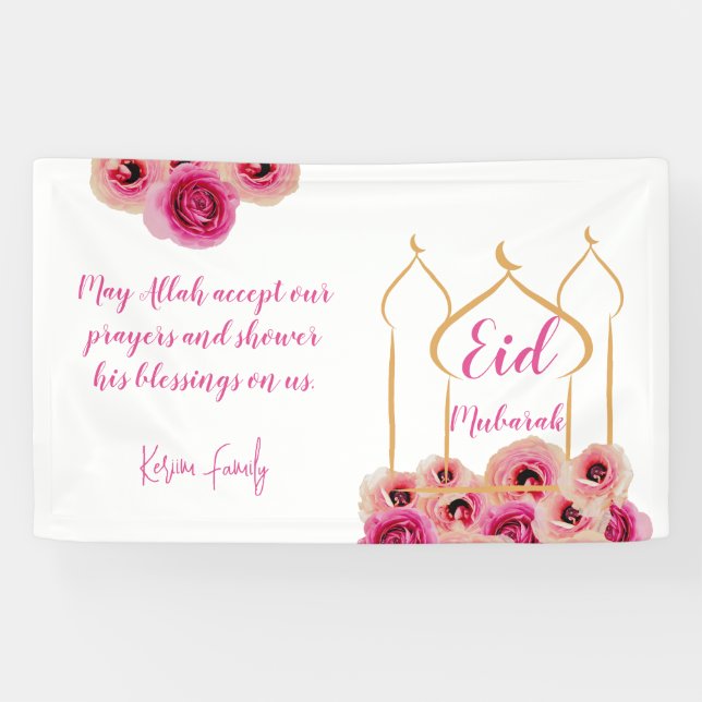 Eid Mubarak Golden Moschee Rose Blossom Lila Banner (Horizontal)