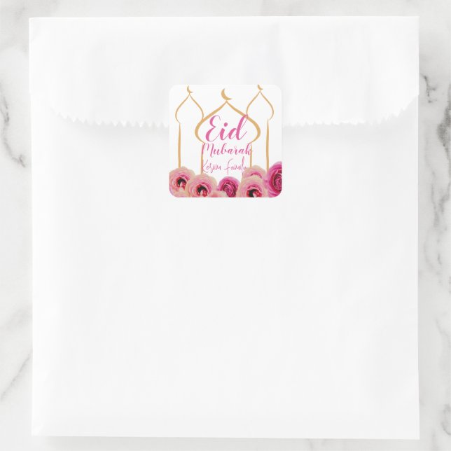 Eid Mubarak Golden Moschee Rose Blossom Lila Quadratischer Aufkleber (Tasche)