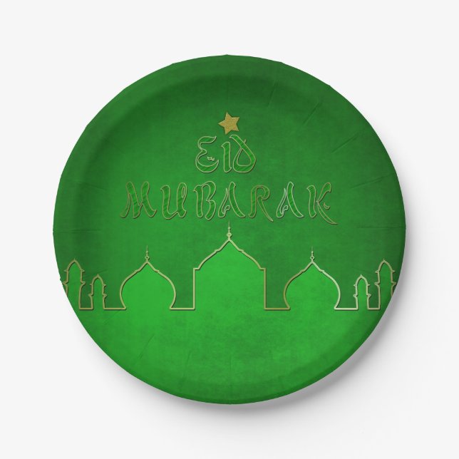 Eid Mubarak Green Gold Moschee Pappteller (Vorderseite)