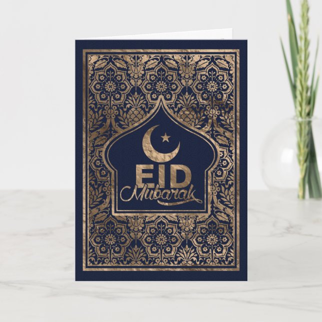 Eid Mubarak - Happy Eid - Gold und Blau Karte (Vorderseite)