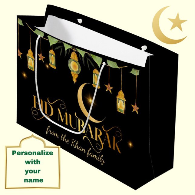 Eid Mubarak Individuelle Name Rodelbahn mit Aussic Große Geschenktüte (Personalize this modern, elegant black + gold "Eid Mubarak" gift bag for a special touch.)