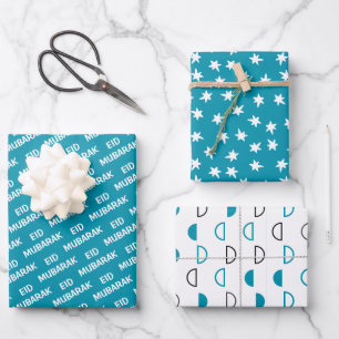 Eid Mubarak Kids Blue Moon Star Zitat Geschenkpapier Set
