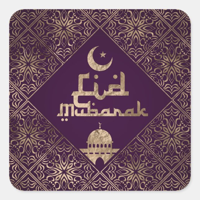 Eid Mubarak - Lila und goldene Dekoration Quadratischer Aufkleber (Vorderseite)