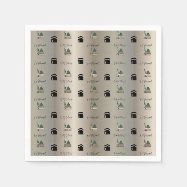 Eid Mubarak Napkins – Gold Kaaba & Masjid Nabawi Serviette (Vorderseite)