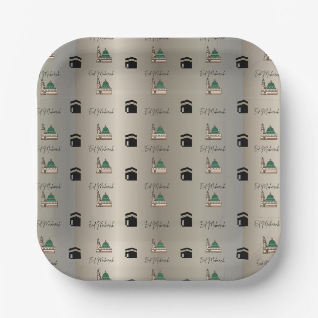 Eid Mubarak Paper Plate|Gold Kaaba & Masjid Nabawi Pappteller (Vorderseite)