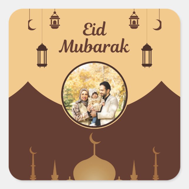 Eid Mubarak Photo Frame Mosque Skyline Art Quadratischer Aufkleber (Vorderseite)