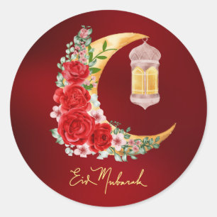 Eid Mubarak Red Floral Cresent Islamic Lantern Runder Aufkleber