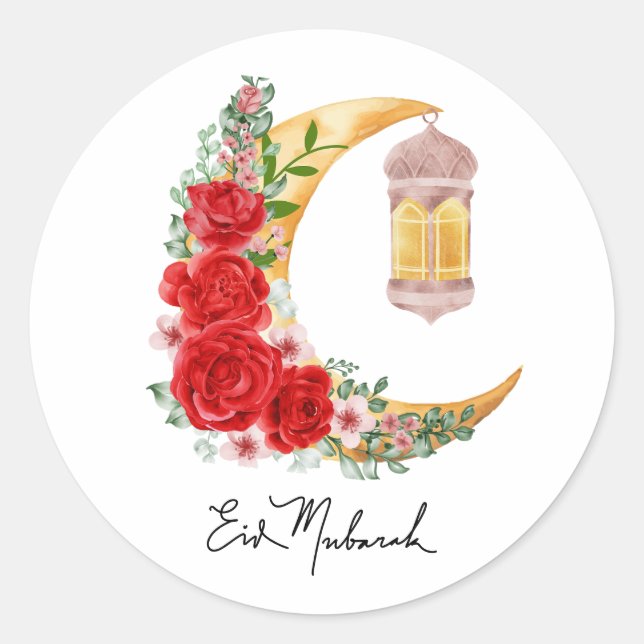 Eid Mubarak Rose Floral Cresent Islamische Laterne Runder Aufkleber (Vorderseite)