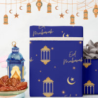 Eid Mubarak Sapphire Blue + Gold Lanterns Moon