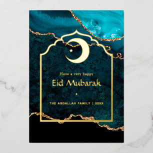 Eid Mubarak Türkis - Türkis und Gold Achat Folien Feiertagskarte