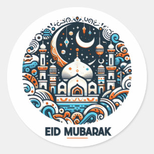 Eid Mubarak verzierter Halbmond Bunte Moscheekunst Runder Aufkleber