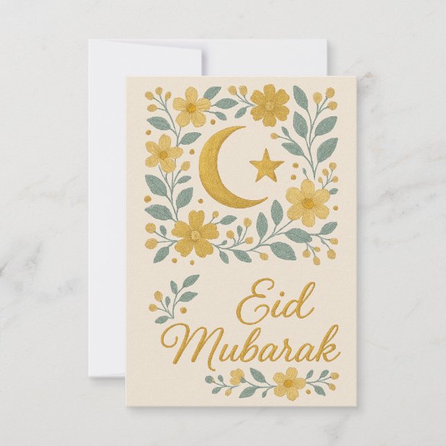 Eid Mubarak - Weiße und goldene Moscheenblumen Einladung (Vorderseite)