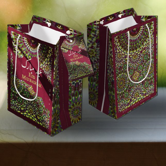 Eid Mubarak Ziermuster Crimson Red Golden Mittlere Geschenktüte (Von Creator hochgeladen)