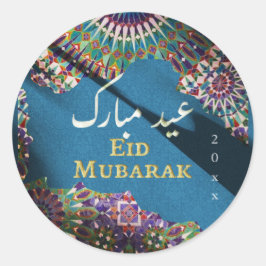 Eid Mubarak Ziermuster Steel Blue Runder Aufkleber
