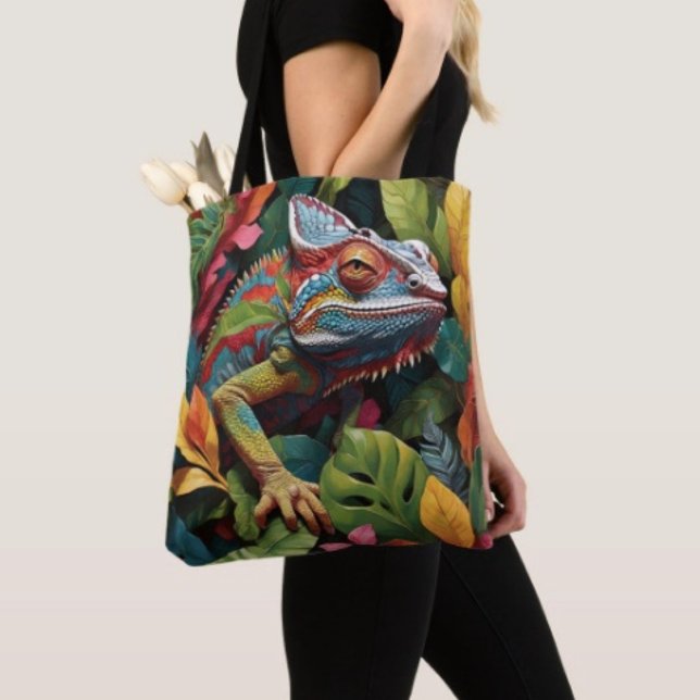 Eidechsenblätter & Farbe (Colourful Lizard Tropical Jungle Art Travel Tote Bag, laminated  for extra support. Made in USA. 
)