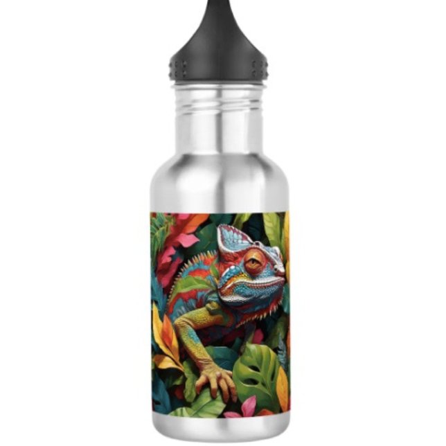 Eidechsenblätter & Farbe  Edelstahlflasche (Colourful Lizard Water Bottle – 18 oz 18/8 stainless steel Height: 8.67" Weight: 8.7 oz. )