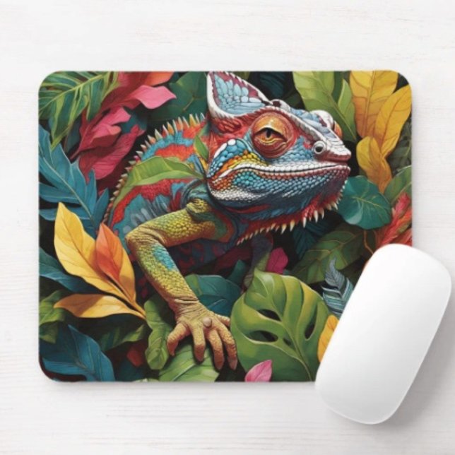 Eidechsenblätter & Farbe  Mousepad (Colourful Lizard Tropical Jungle Art mouse pad durable dust and stain resistant.. Non-slip rubber.)