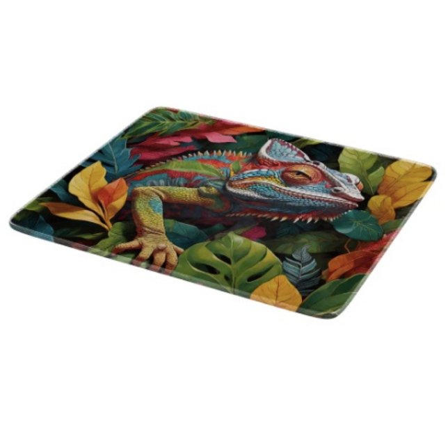 Eidechsenblätter & Farbe  Schneidebrett (Colourful Lizard Tropical glass cutting board hand-pressed tempered glass five different sizes.
)