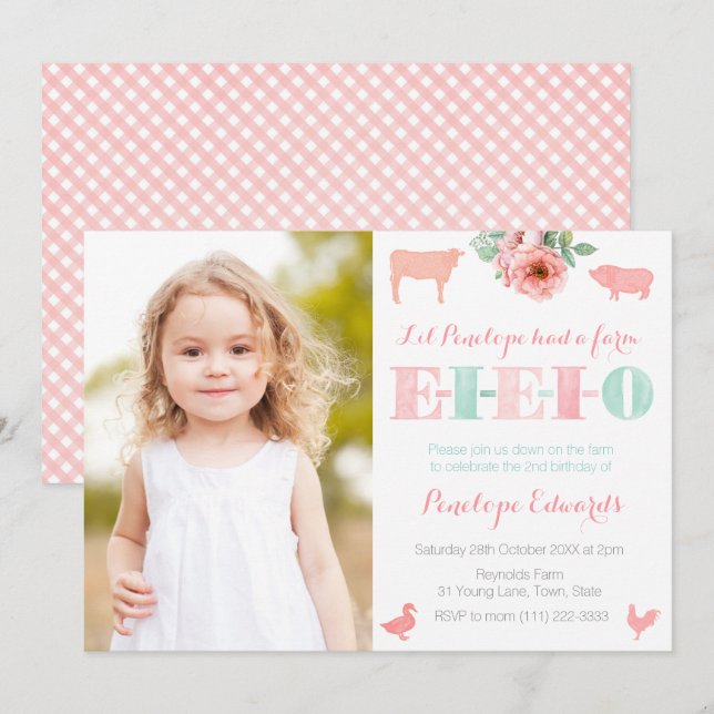 EIEIO Altes MacDonald Farm Petting Zoo Geburtstag Einladung (Vorne/Hinten)