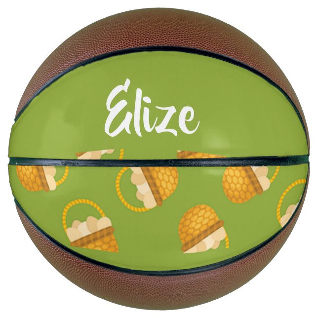 Eier in braunem Korb auf grün Basketball (Vorderseite)