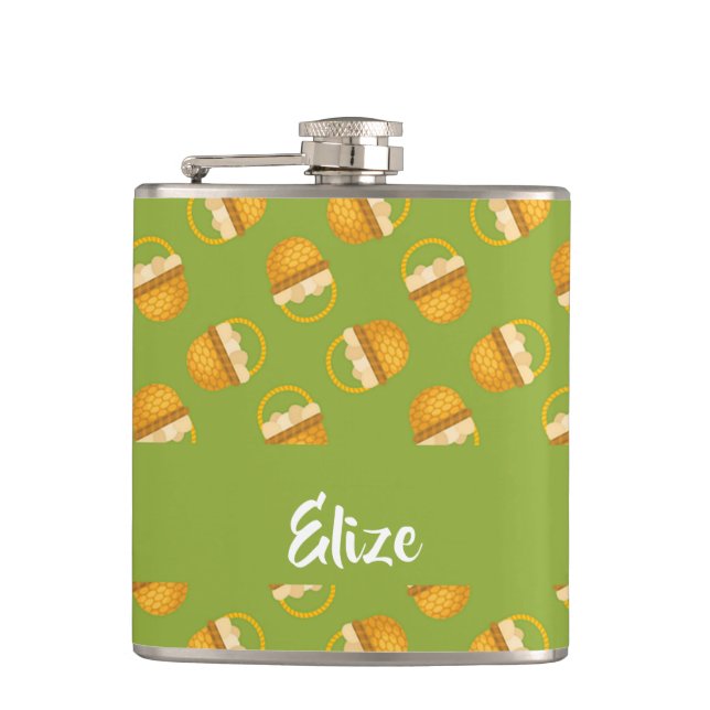 Eier in braunem Korb auf grün Flachmann (Vorderseite)