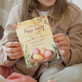 Eier in Vogelnest und blumengelb glückliche Ostern Einladung