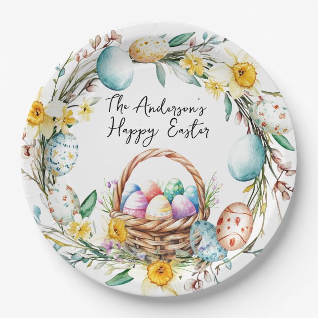 Eierkorb mit dekorativen Eiern I Blumenoster Pappteller (Vorderseite)