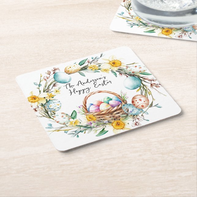 Eierkorb mit dekorativen Eiern I Blumenoster Rechteckiger Pappuntersetzer (angewinkelt)