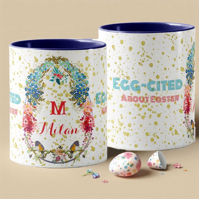 Eierzitiert über Osterflorale Decorative Monogramm Tasse (Egg-cited About Easter Floral Decorative Monogram Mug)