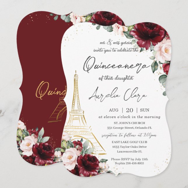 Eiffel Paris Quinceañera Burgundy Blush Einladung (Vorne/Hinten)