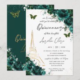 Eiffel Paris Quinceañera Emerald Green Floral Einladung