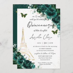 Eiffel Paris Quinceañera Emerald Green Floral Einladung