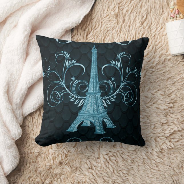 Eiffel Tower Blue Floral Wirbel Pillow Kissen (Decke)