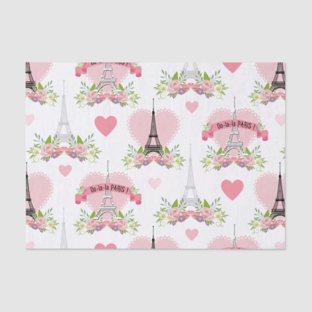 Eiffel Tower Blume Pink Hearts Paris Französisch Seidenpapier (Vorderseite)