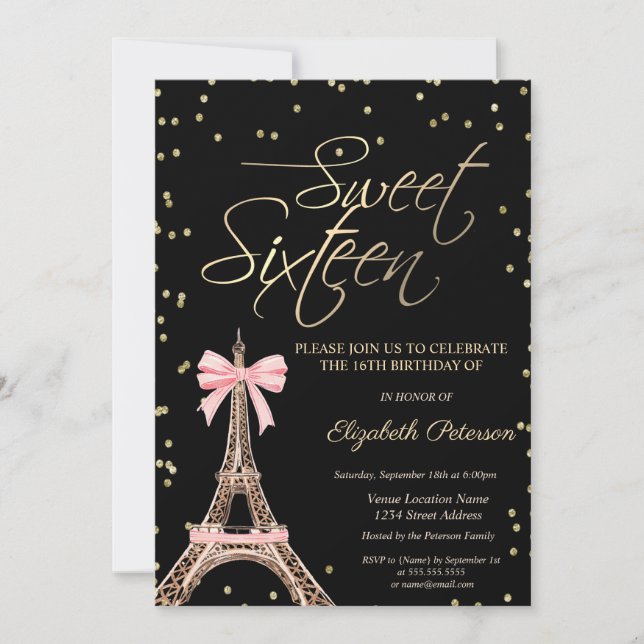 Eiffel Tower Bow Gold Diamonds Black Sweet 16  Einladung (Vorderseite)